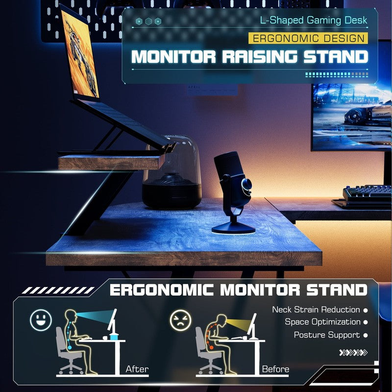 51" L-Shaped Gaming Desk Corner Office with Removable Monitor Riser Brown4