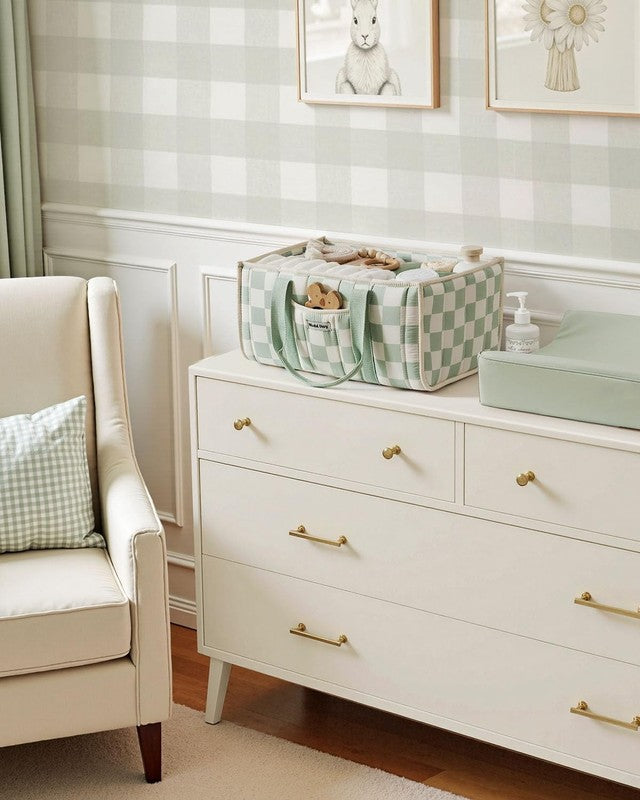 Checkered Diaper Caddy Organizer Nursery Storage Basket Sage Green4
