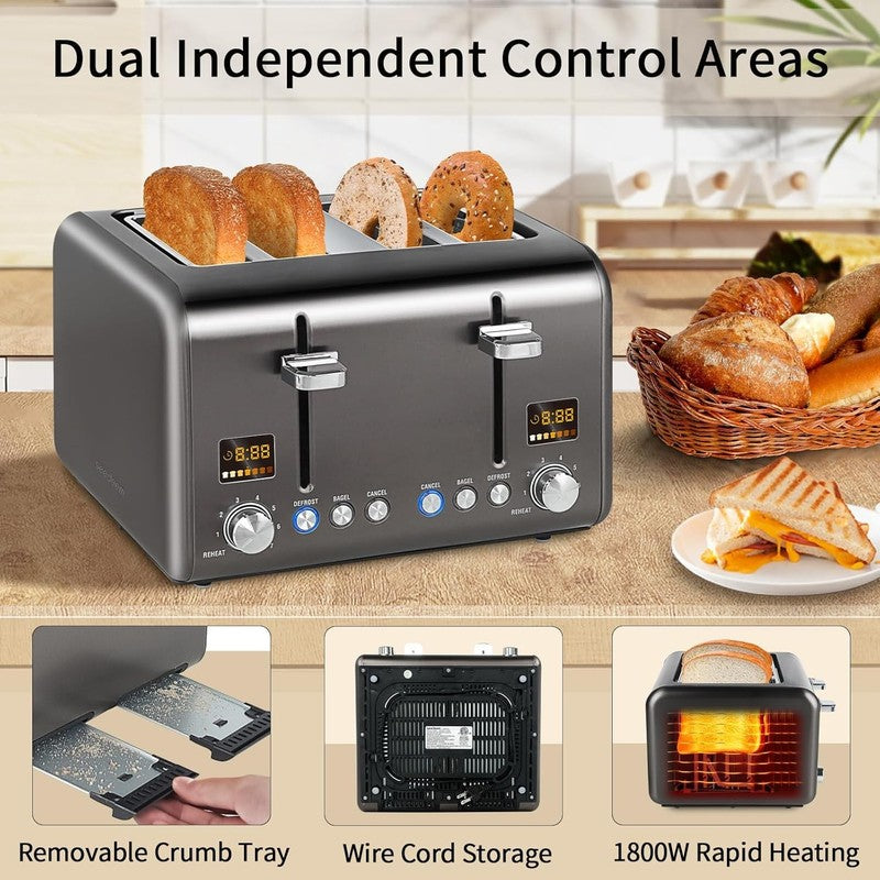 4 Slice Stainless Toaster - LCD, 7 Shades, Wide Slots, Bagel, Defrost, 1800W4