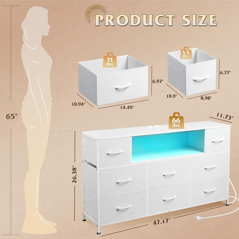 White TV Stand Dresser LED Lights Charging Station 8 Fabric Drawers Open Shelf8