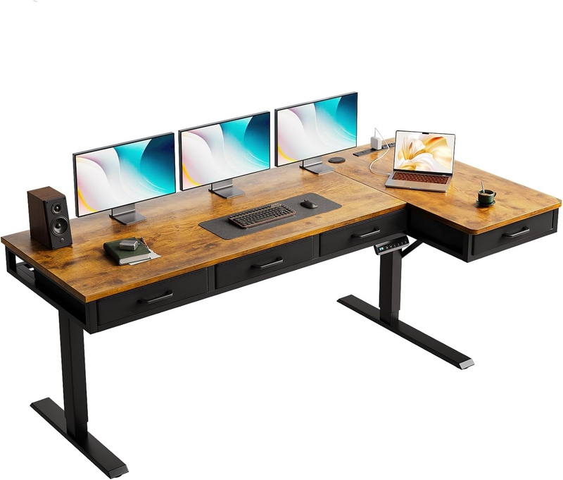 63” L-Shaped Electric Standing Desk w/ Drawers Power Outlets Rustic Brown10