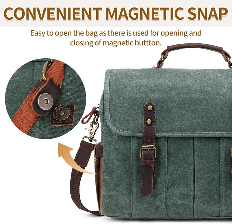 Men's 15.6" Vintage Canvas Leather Laptop Messenger Bag Satchel Shoulder Green3