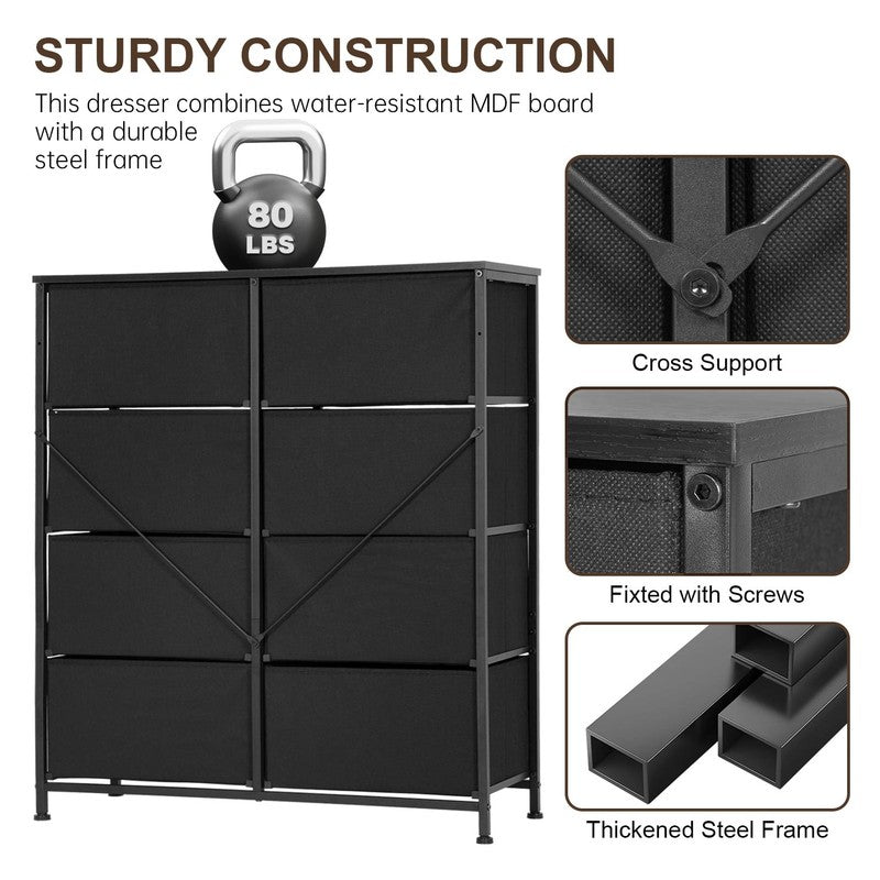 8 Drawer Fabric Dresser with Metal Frame & Wooden Top – Black2
