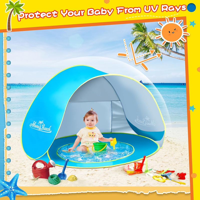 Baby Beach Tent with Beach Sand Toys Pop up Portable Shade Pool UPF50+ UV Protec1