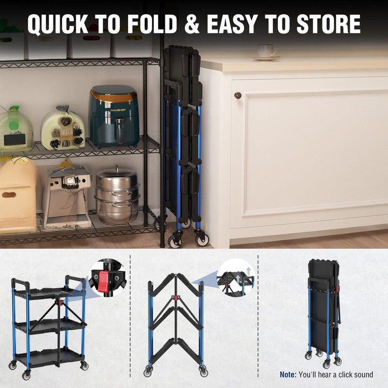 3 Tier Folding Collapsible Service Cart with Wheels, 210 Lbs Loading Capacity, F3