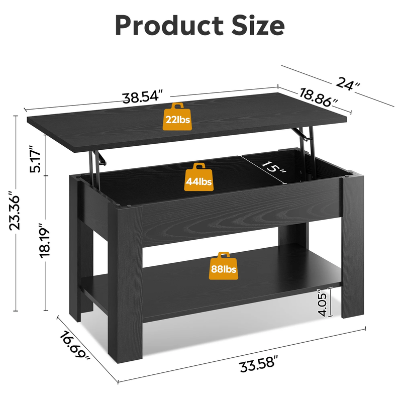 39" Lift Top Coffee Table with Storage Shelf & Hidden Compartment and Lifting To6