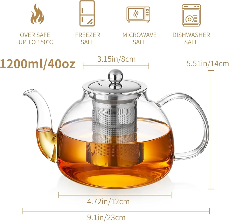 40oz Glass Teapot w/ Infuser Borosilicate Stovetop Safe Tea Kettle Dishwasher1