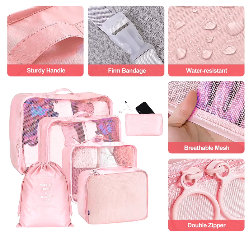 Packing Cubes 9 Set Travel Organizers Clothes Shoes Toiletry Bag Pink5
