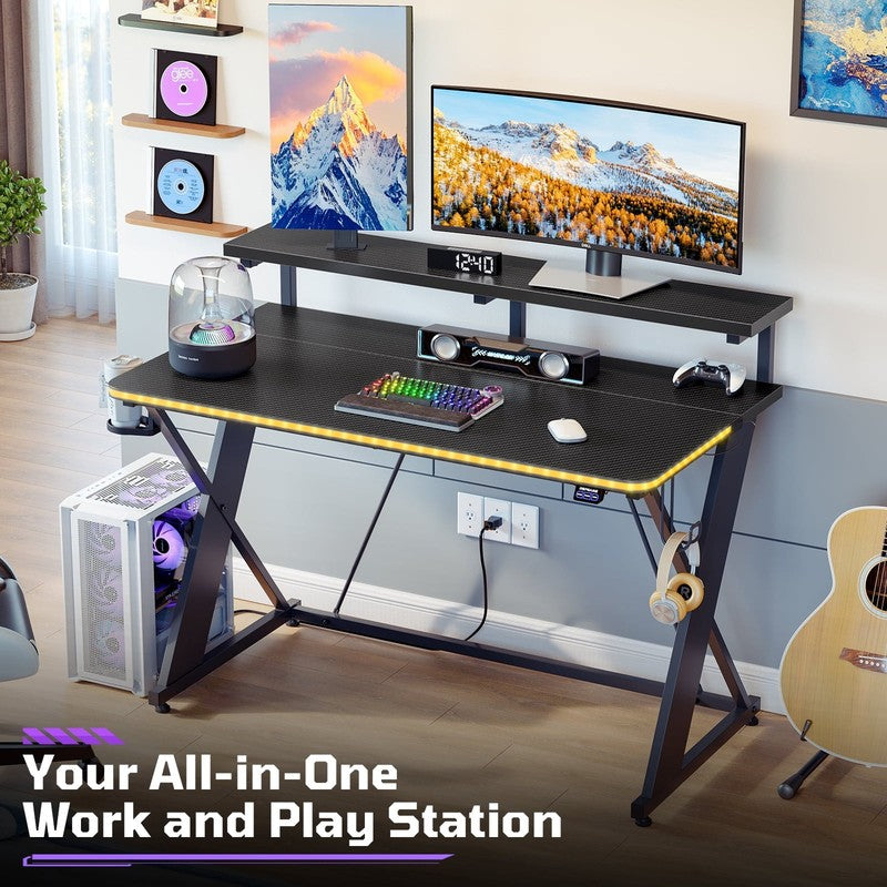 43" X-Shaped Gaming Desk with Music Sync LED, Monitor Stand Black Racing5