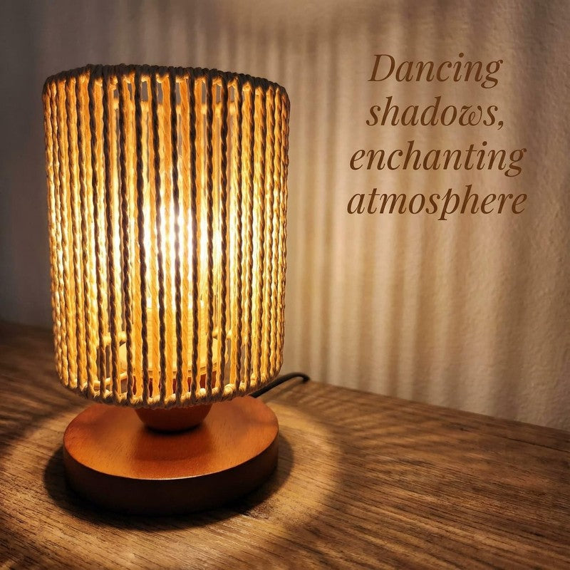 Small Rattan Table Lamp Boho Bedside Night Light Wood Base LED 8.6in1