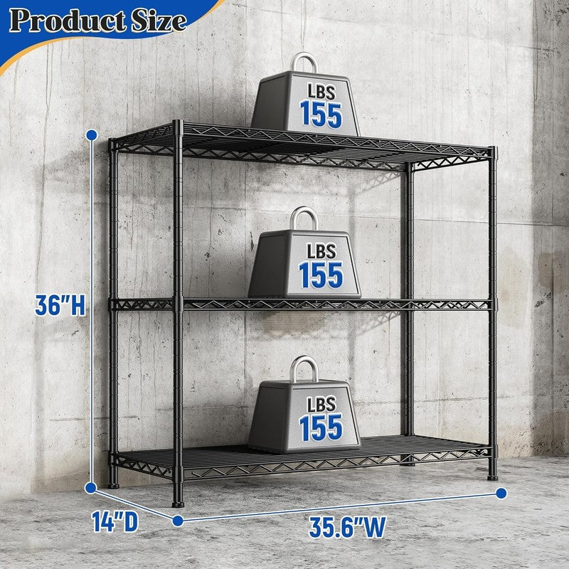 3 Shelf Metal Shelving Unit 36"H Adjustable Heavy Duty Garage Kitchen Rack Black2