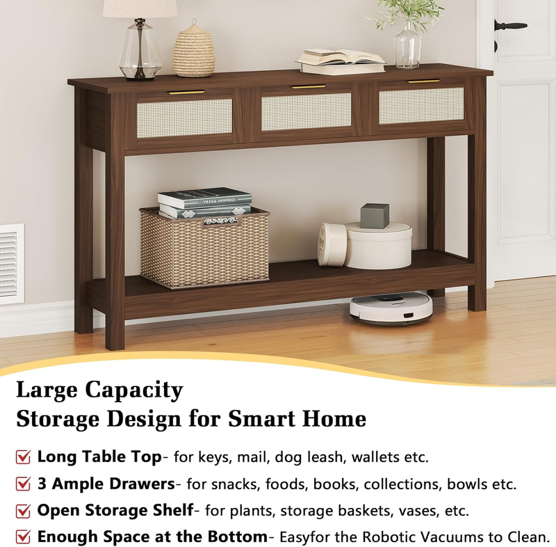 Walnut Console Table 3 Rattan Drawers Boho Entryway Storage Shelf 47" Long2