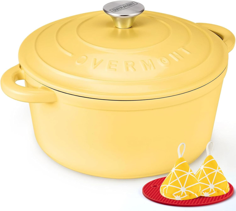 Enameled Cast Iron Dutch Oven   5.5QT Pot with Lid Cookbook & Cotton Potholders 10