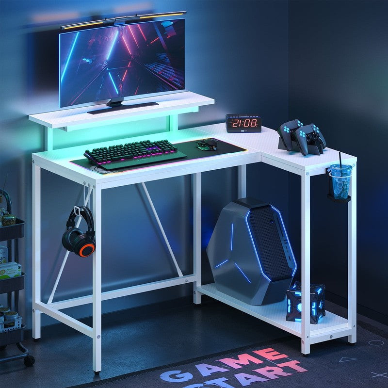42" Reversible L-Shaped Gaming Desk LED with Monitor Stand & Headset Hooks White5