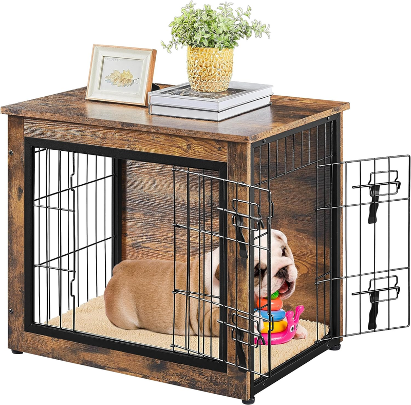 Wooden Dog Crate Table 27.5" w/Cushion Double Door Small/Medium Dogs10