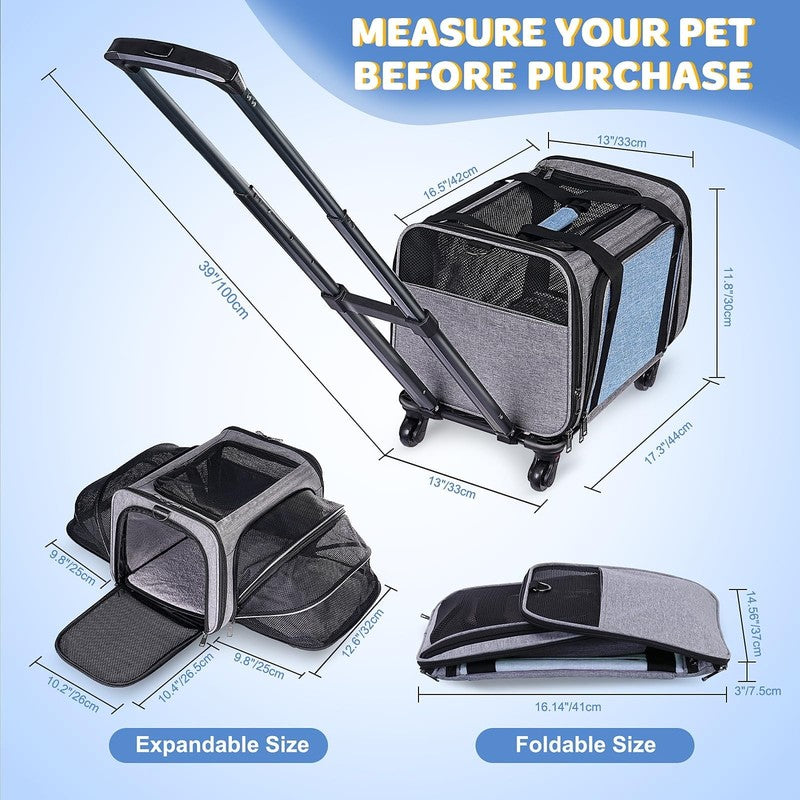 Rolling Pet Carrier with Wheels, Expandable Pet Carrier for Small Dogs Cats unde1