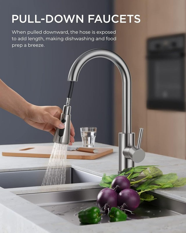 Brushed Nickel Pull Down Kitchen Faucet, High Single Handle for Farmhouse & RV1