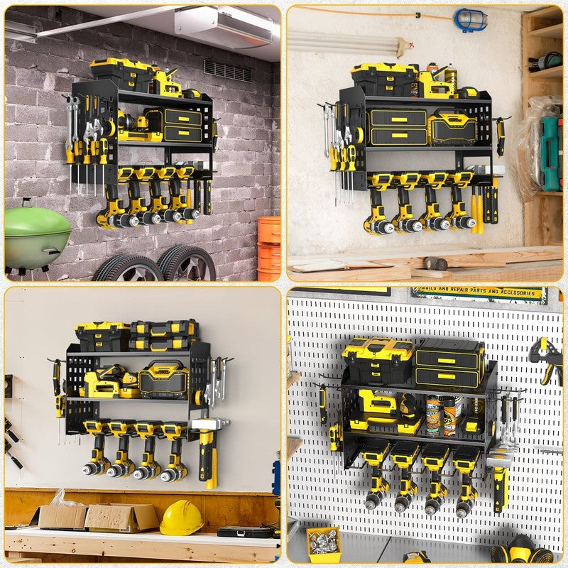 Power Tool Organizer, 3 Layers Drill Holder Wall Mount with 2 Side Pegboards, He5