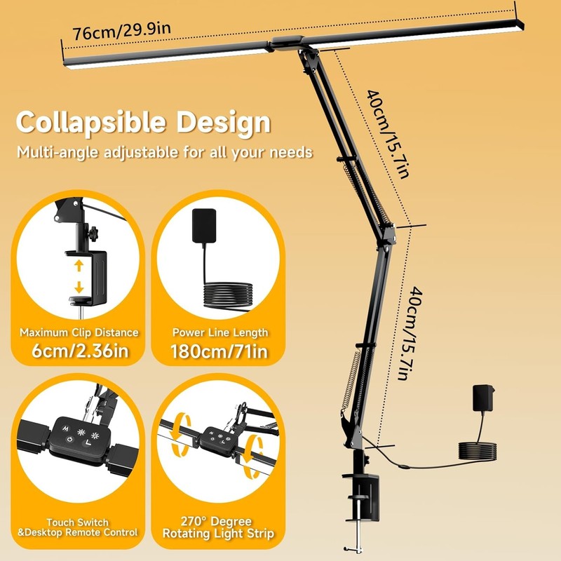 Ultra Bright 2400LM LED Desk Lamp with Clamp & Remote - Eye Caring 24W Black5