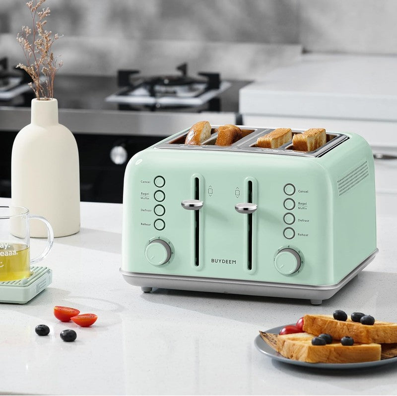 Retro 4 Slice Toaster 1800W Extra Wide Slots 7 Shade Bagel Stainless Green7