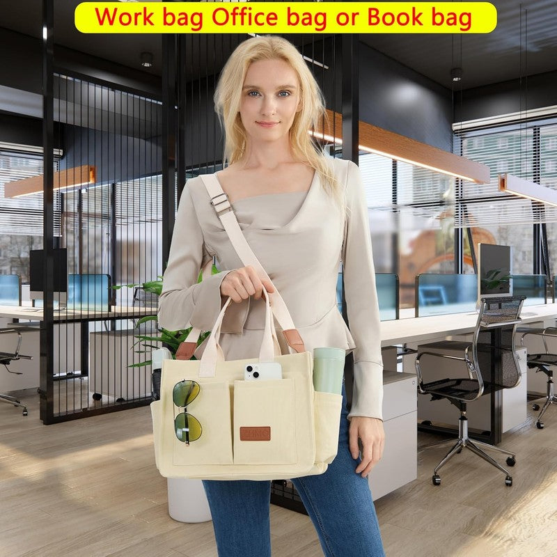 Women’s Canvas Tote Bag w/ Compartments Large Shoulder Crossbody Work Laptop5