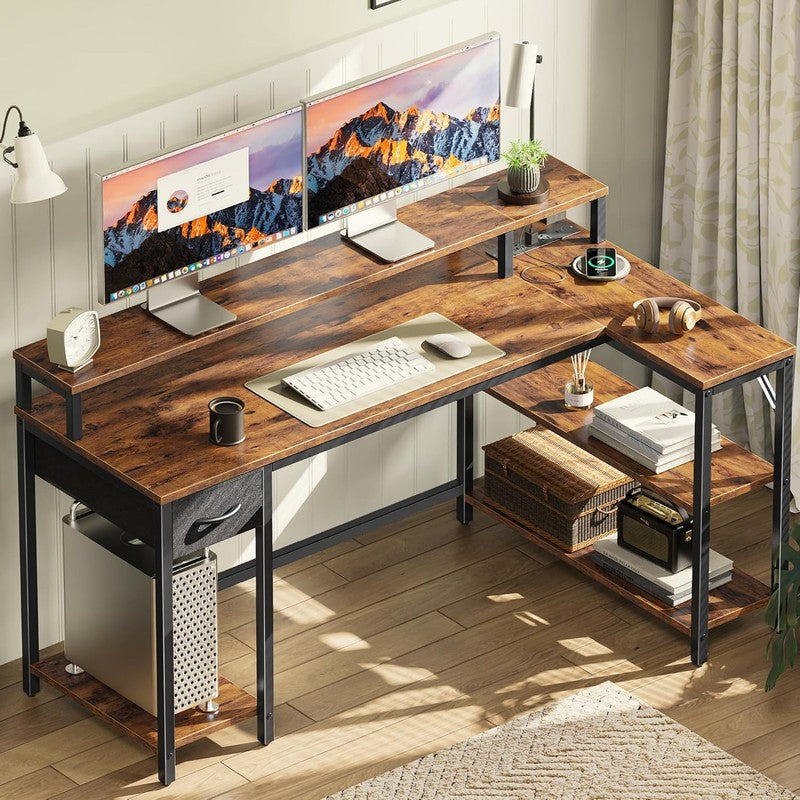53'' Reversible L Shaped Desk LED Lights Power Outlets Gaming Rustic7