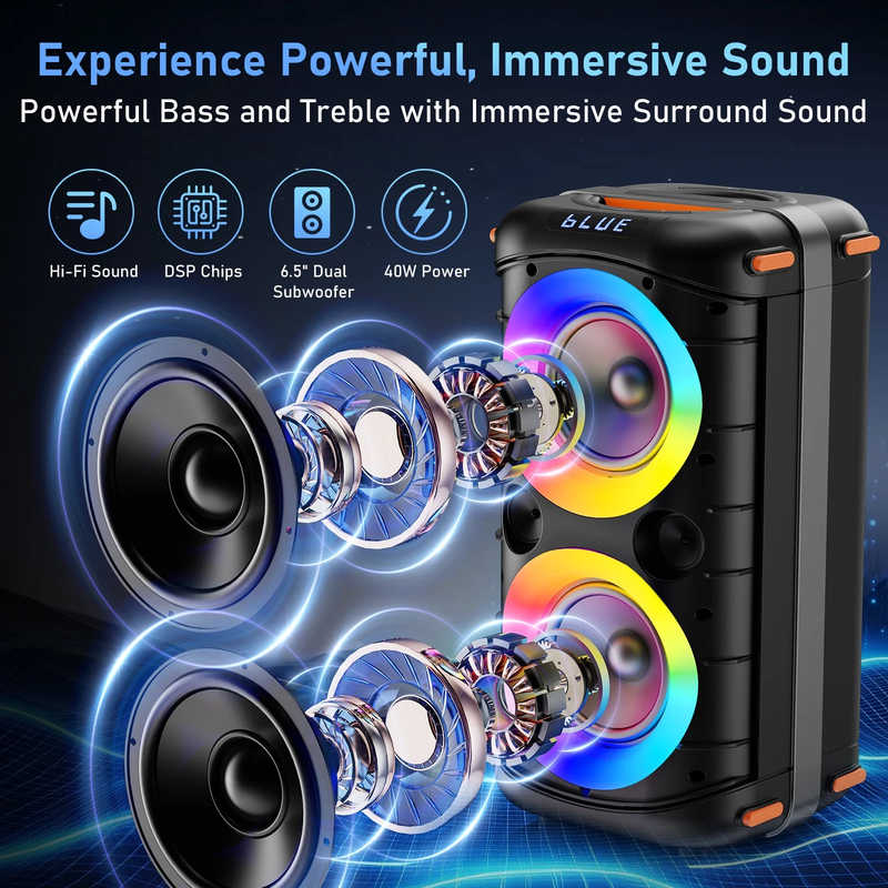Bluetooth Party Speaker Dual 6.5in Subwoofer LED Lights Deep Bass Portable3