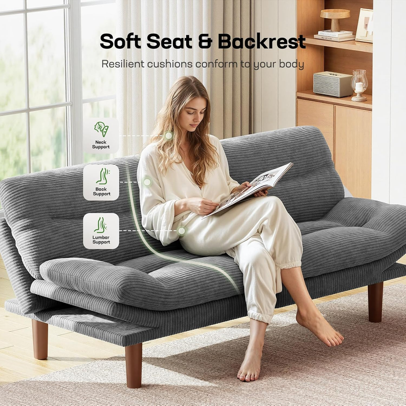 75in Futon Sofa Bed Convertible Corduroy Sleeper Sofa Loveseat Adjustable Grey2