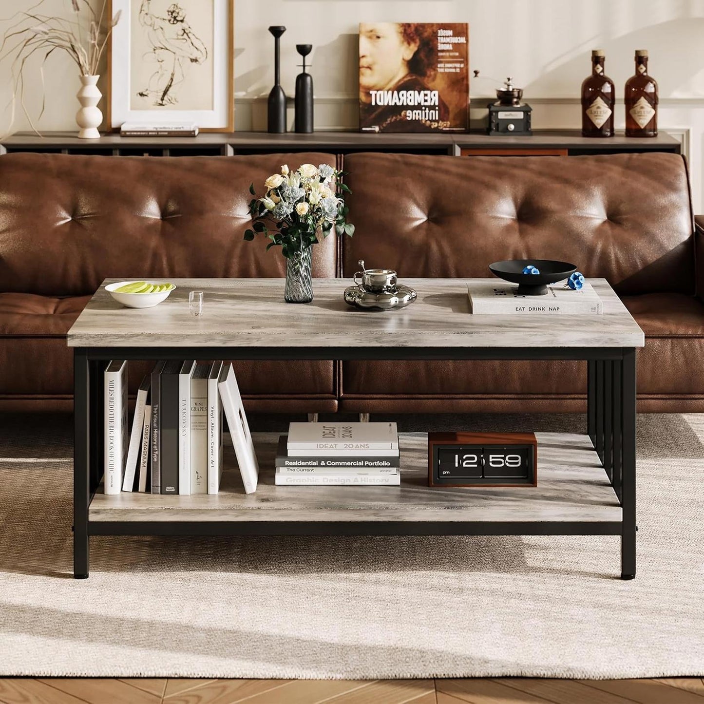 39" Grey Wash Modern Farmhouse Coffee Table with Two-Tier Storage