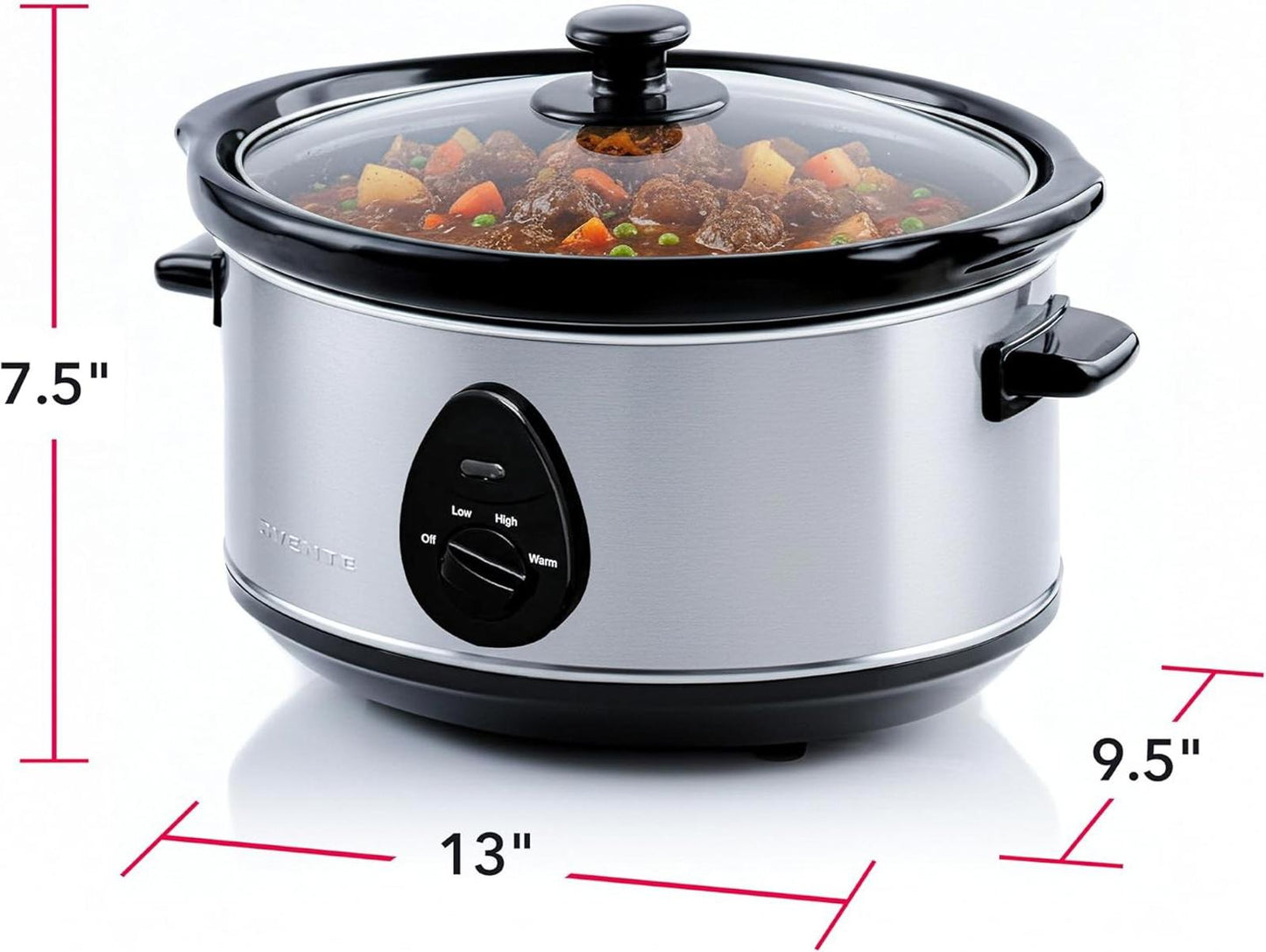 3.7Qt Electric Slow Cooker Stainless Steel Non-Stick Dishwasher Safe Silver