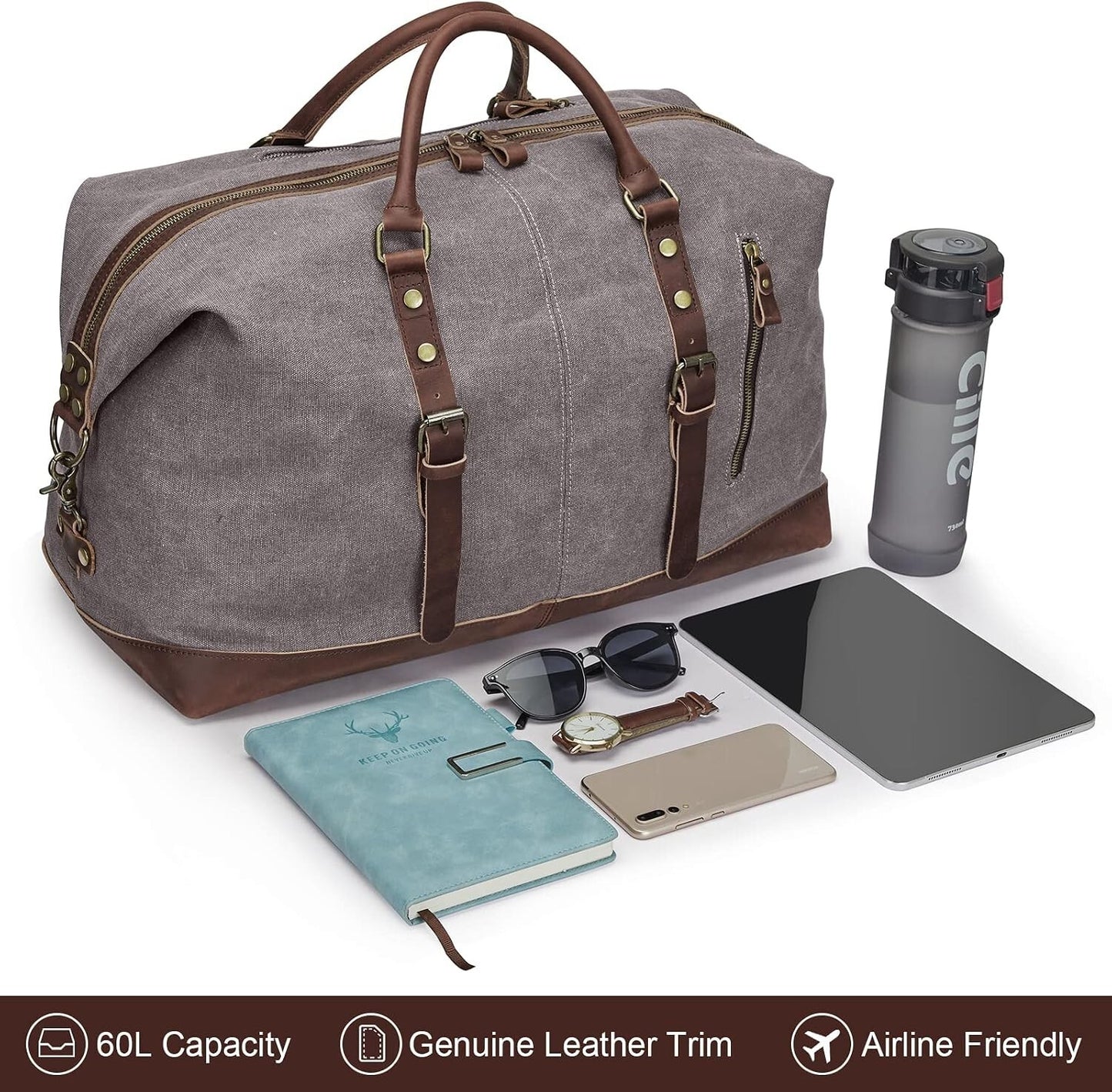 Canvas Travel Duffel Bag Leather Trim Carry On Weekender