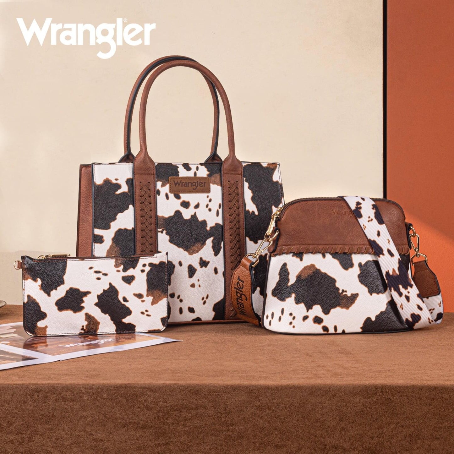 Wrangler 3Pcs Handbags Set Tote Bag & Medium Crossbody Purse & Wallet, Cow-Brown