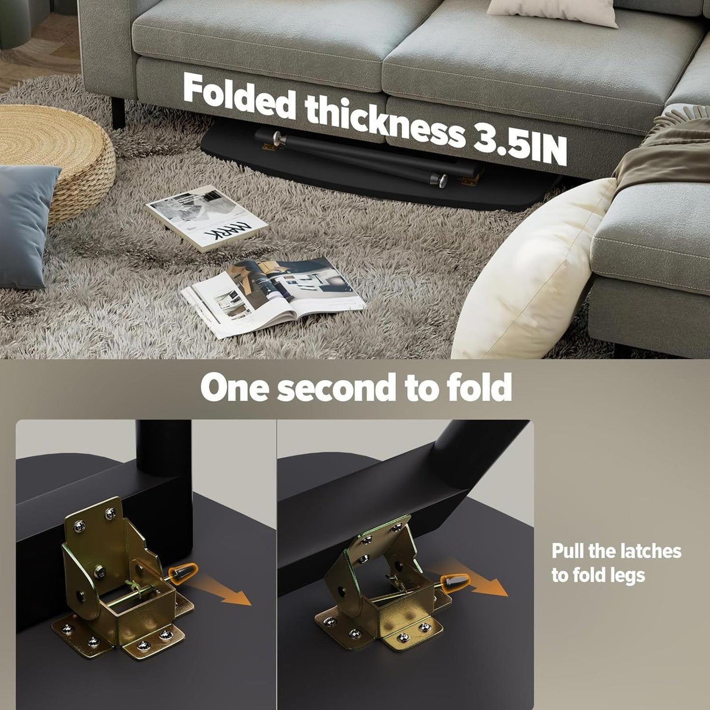 Black Rectangular Folding Coffee Table, Portable Design, 39.3"