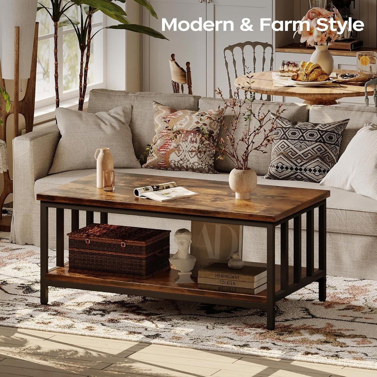 Modern Farmhouse Coffee Table 39" with 2-Tier Storage, Rustic Brown