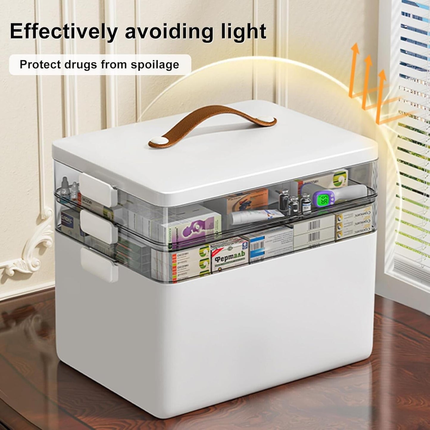 3-Tier Medicine Organizer - Portable Medicine Cabinet with Leather Handle, Empty