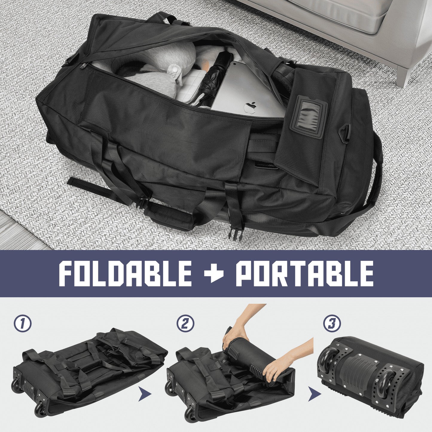 90L Foldable Rolling Duffel Bag Wheels Waterproof Travel Black