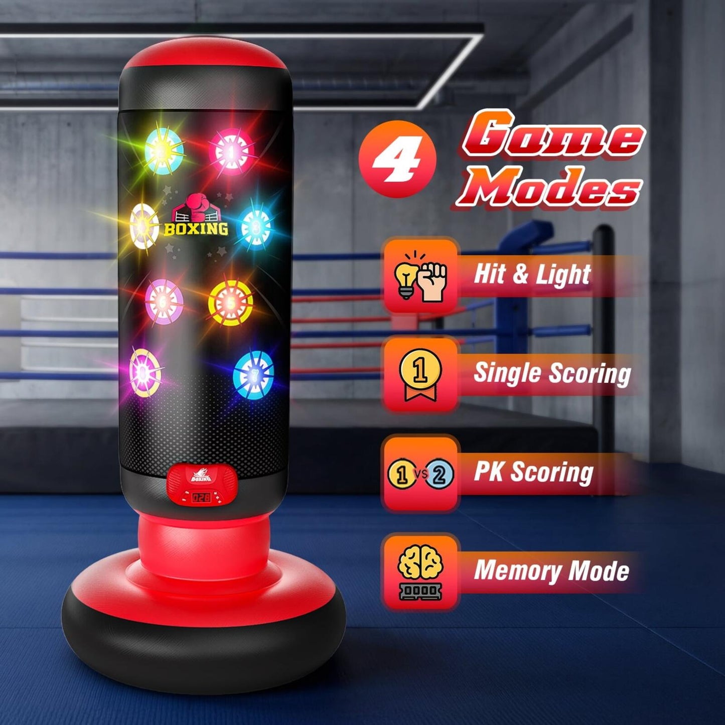 Punching Bag for Kids, 60 Inch Inflatable Boxing Bag with Gloves, 4 Game Modes,