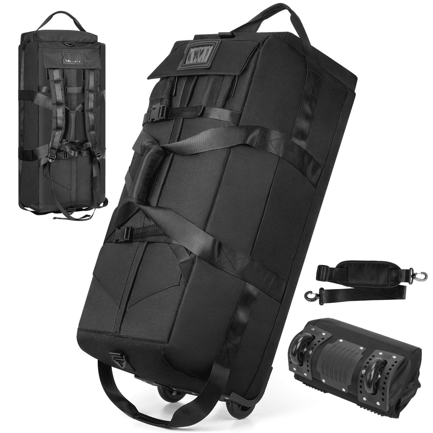 90L Foldable Rolling Duffel Bag Wheels Waterproof Travel Black