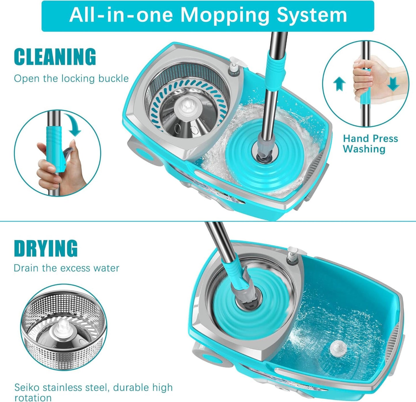 Funclean Spin Mop and Bucket,Mop and Bucket with Wringer Set for Home,360 Spinni