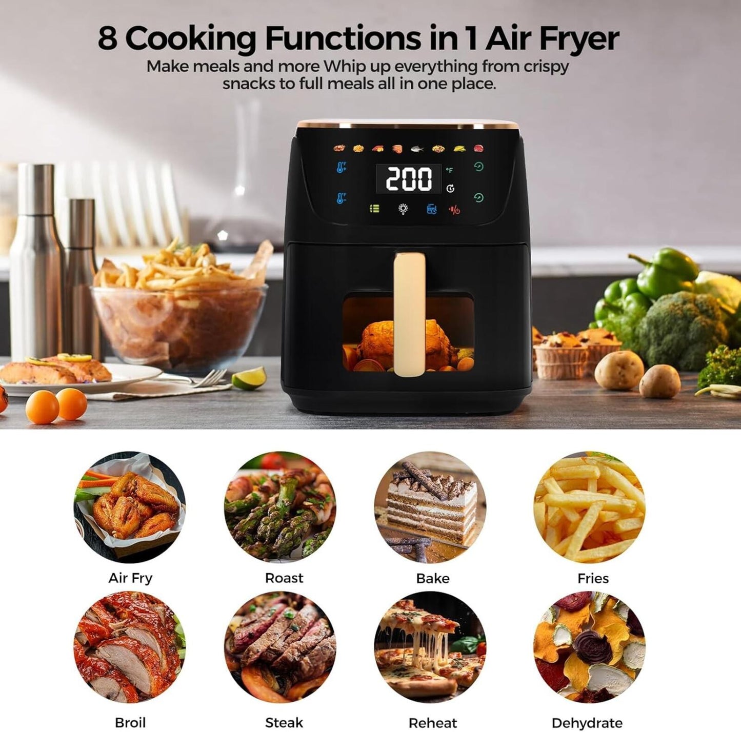 8Qt Large Air Fryer Digital Touch 8 Presets Nonstick Dishwasher Safe Black