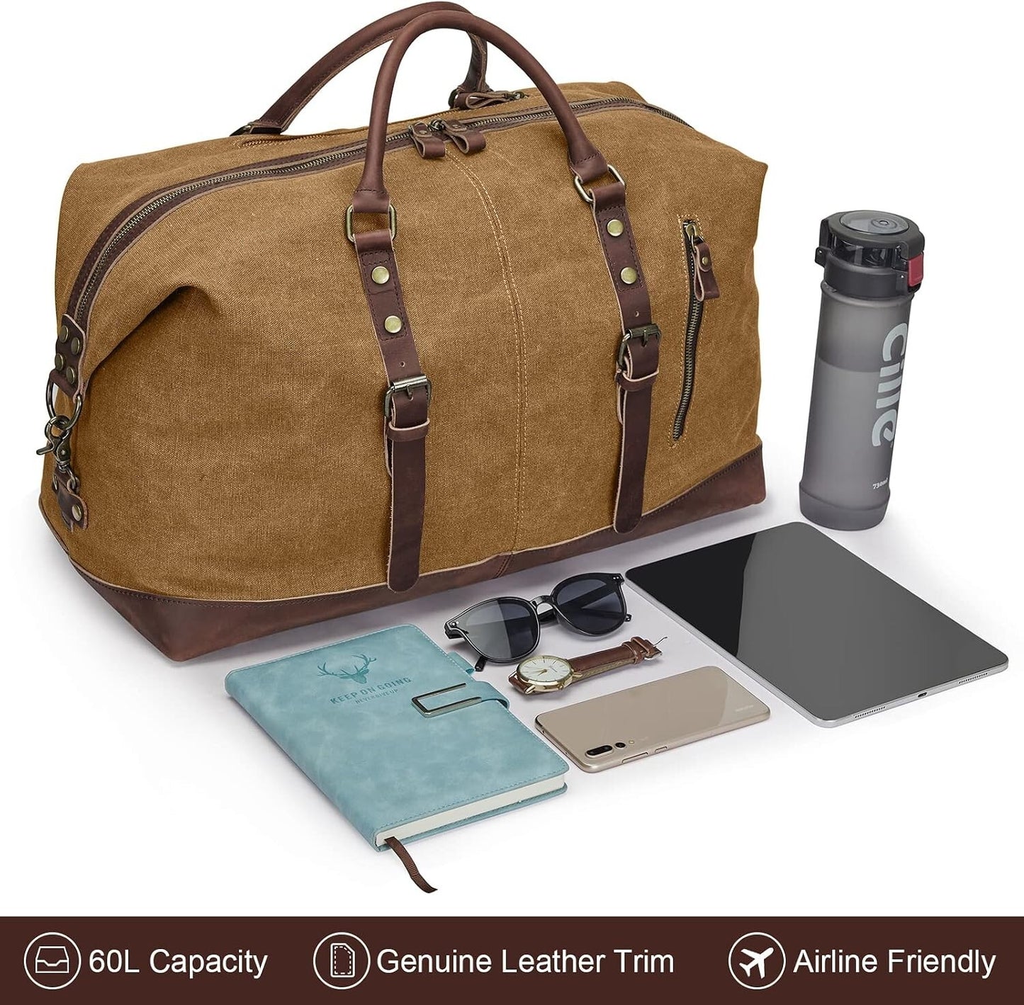 Canvas Travel Duffel Bag Leather Trim Carry On Weekender