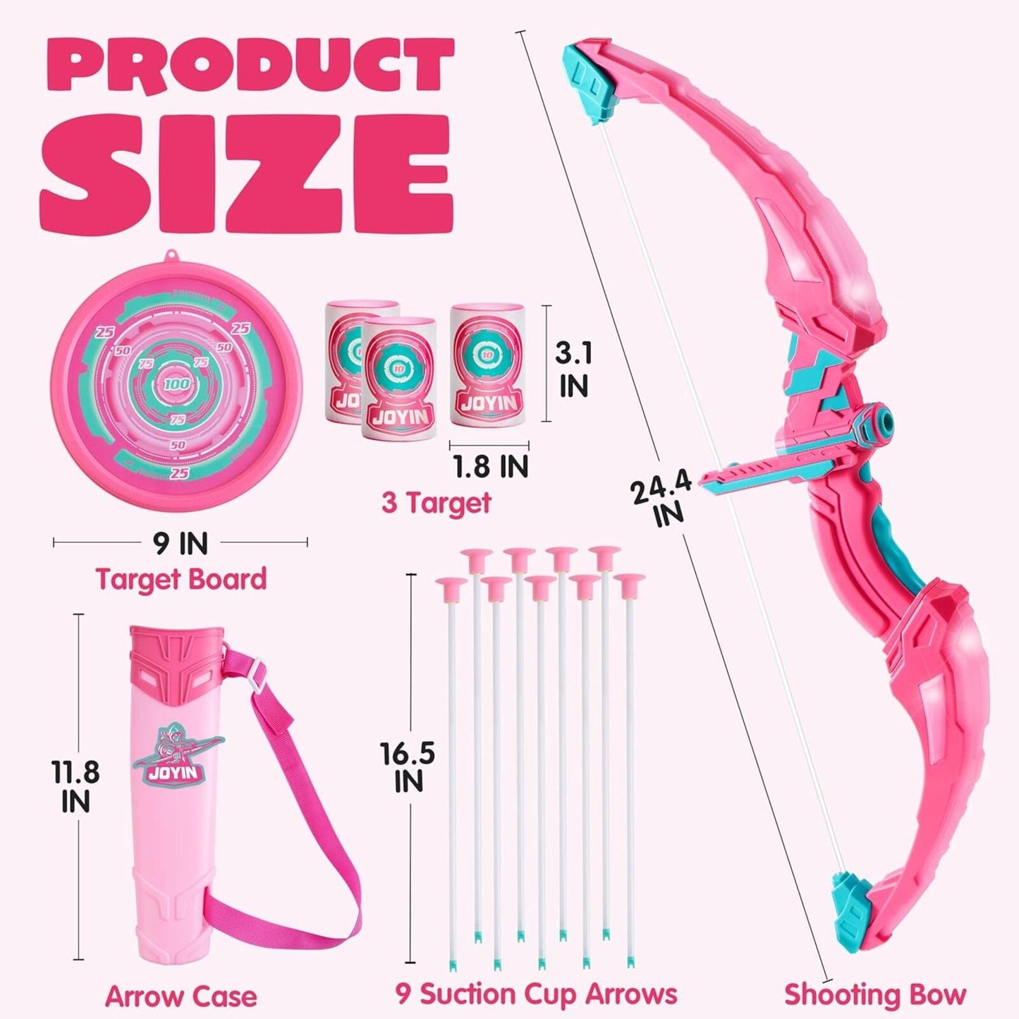 Pink Bow and Arrow Set for Girls, LED Light up Archery Toy Set with 9 Suction Cu