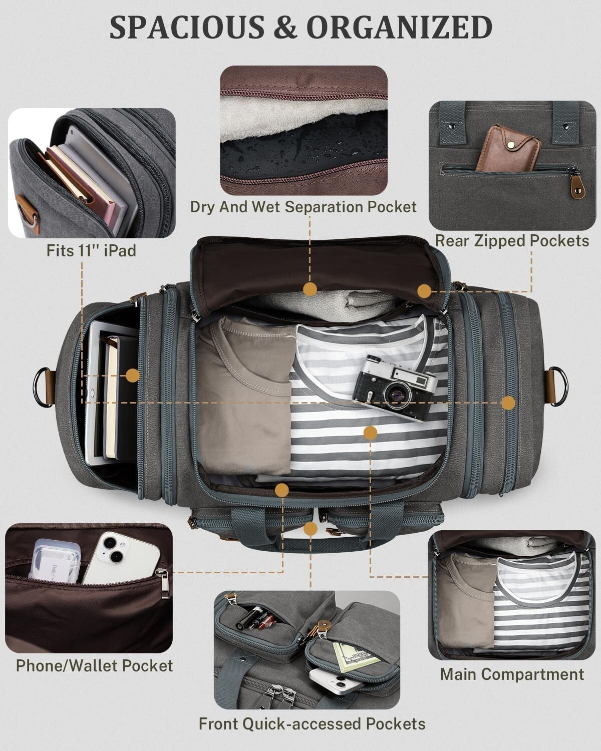 50L Expandable Duffle Bag Water Resistant Pocket Carry On