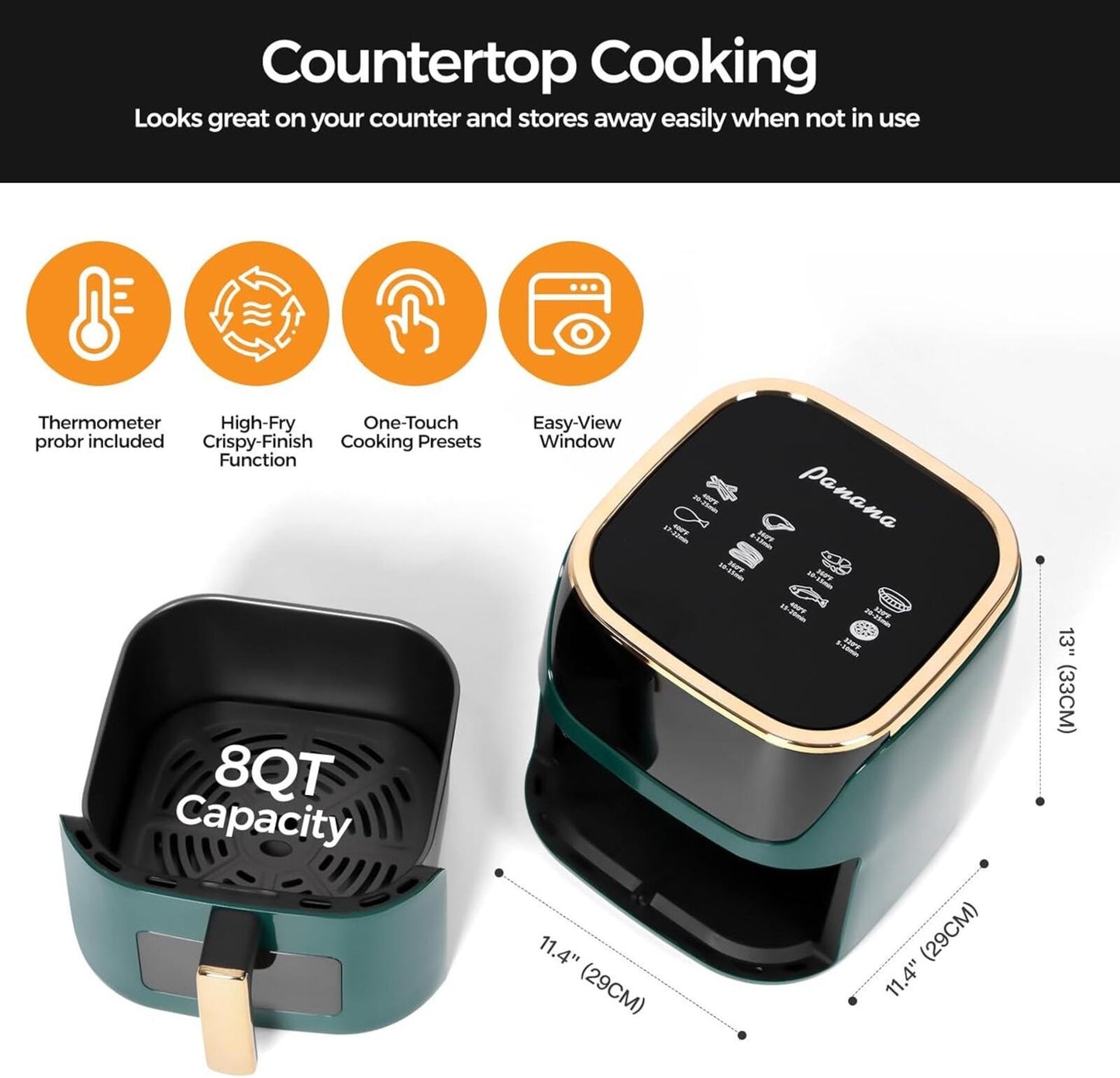 8Qt Large Air Fryer Digital Touch 8 Presets Nonstick Dishwasher Safe Green