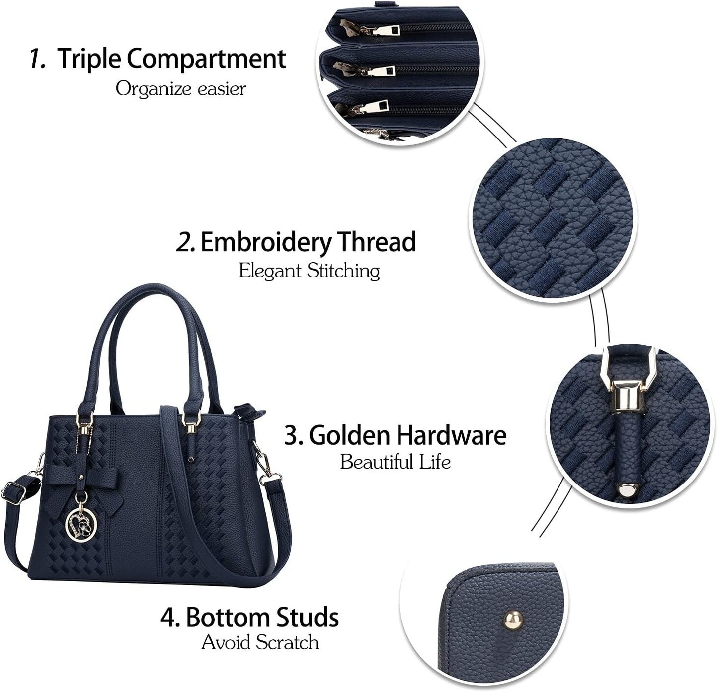 Women's PU Leather Satchel Crossbody Purse 3 Zip Tassel