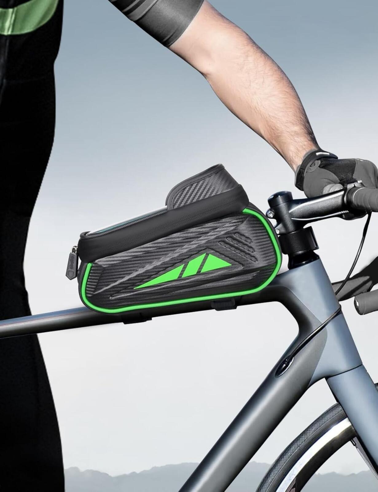 Waterproof Bike Phone Holder Bag Green Frame Pouch Touchscreen Fits 7" Phones