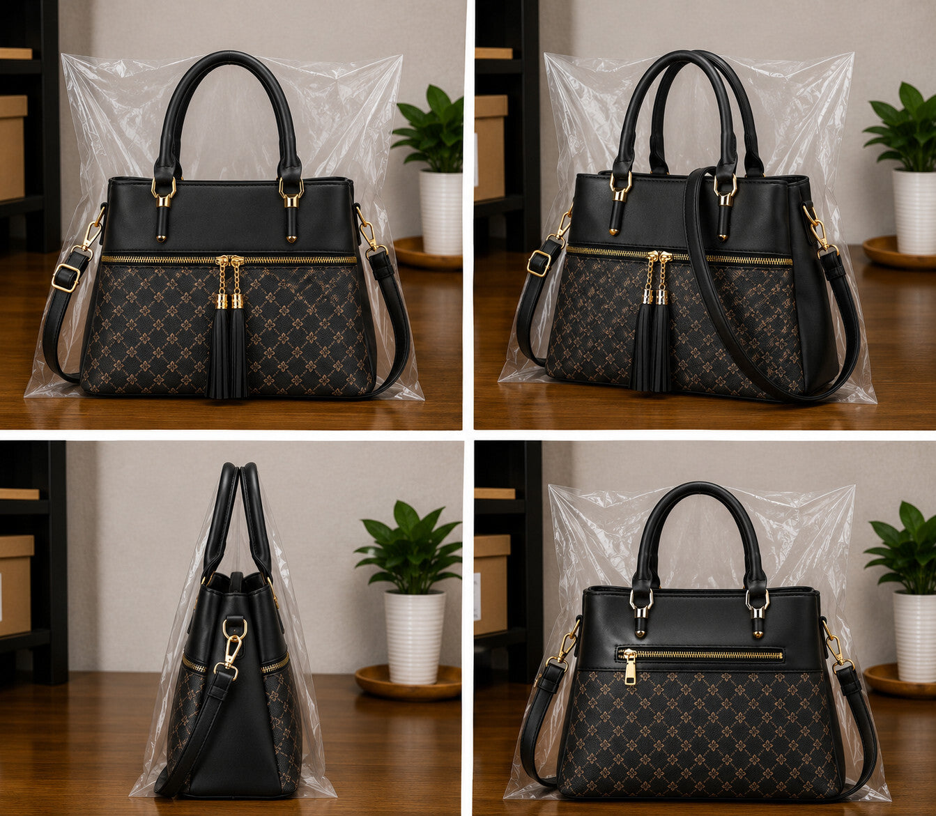 Women's PU Leather Satchel Crossbody Purse 3 Zip Tassel