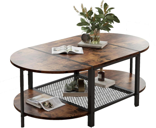 Oval 2-Tier Coffee Table, Rustic Wood & Metal, Vintage Brown, Modern