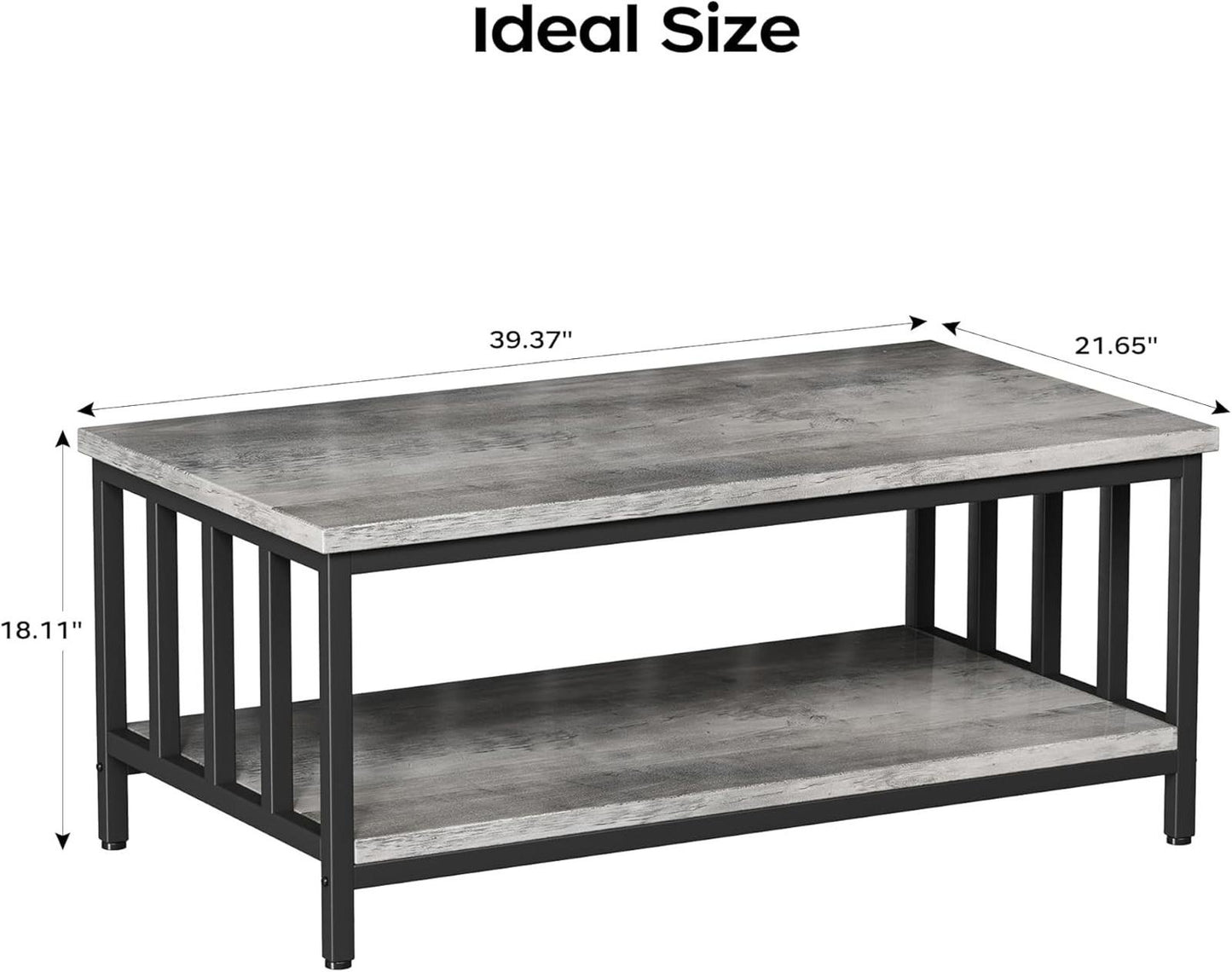 39" Grey Wash Modern Farmhouse Coffee Table with Two-Tier Storage