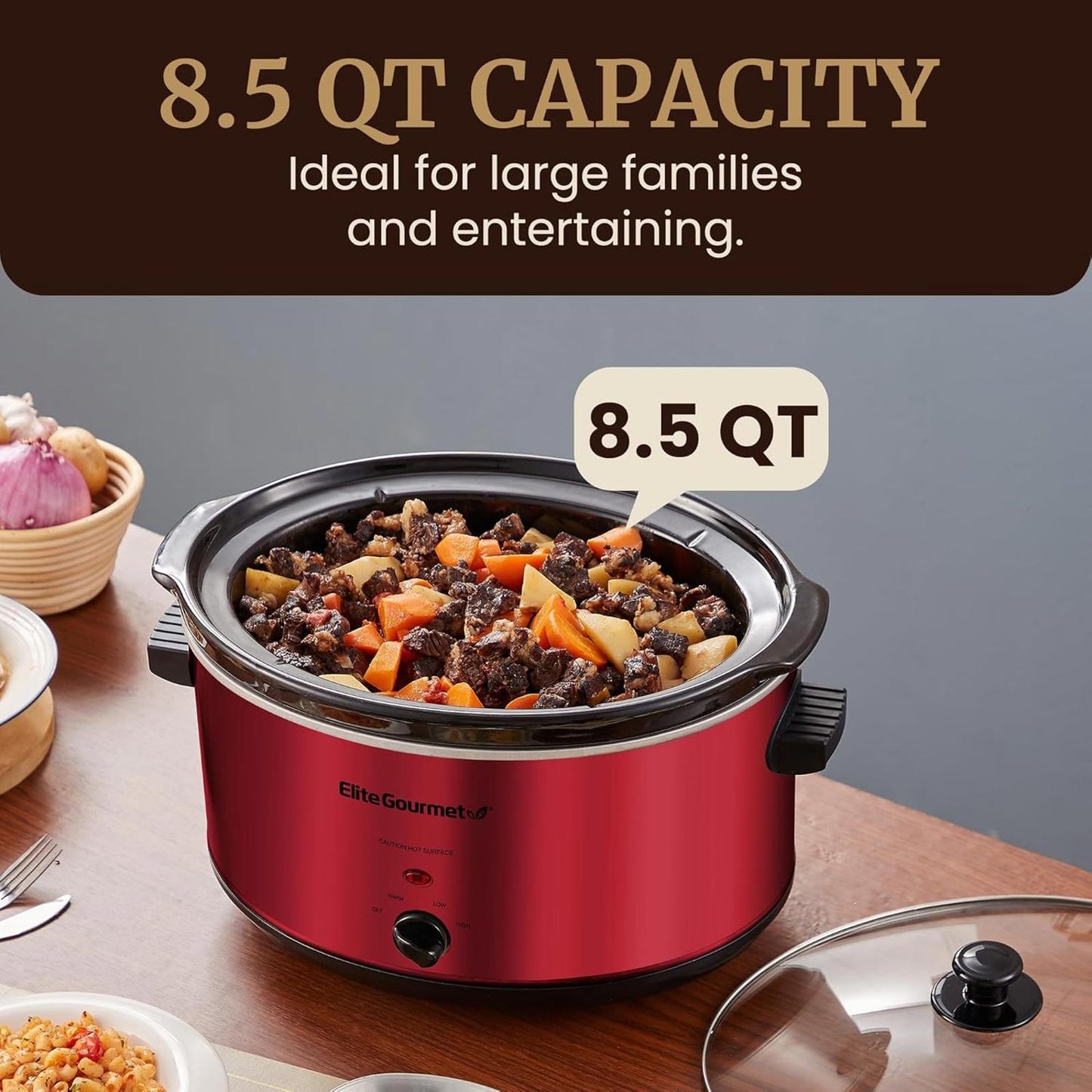 8.5Qt Electric Ceramic XL Slow Cooker Metallic Red Dishwasher Safe Glass Lid